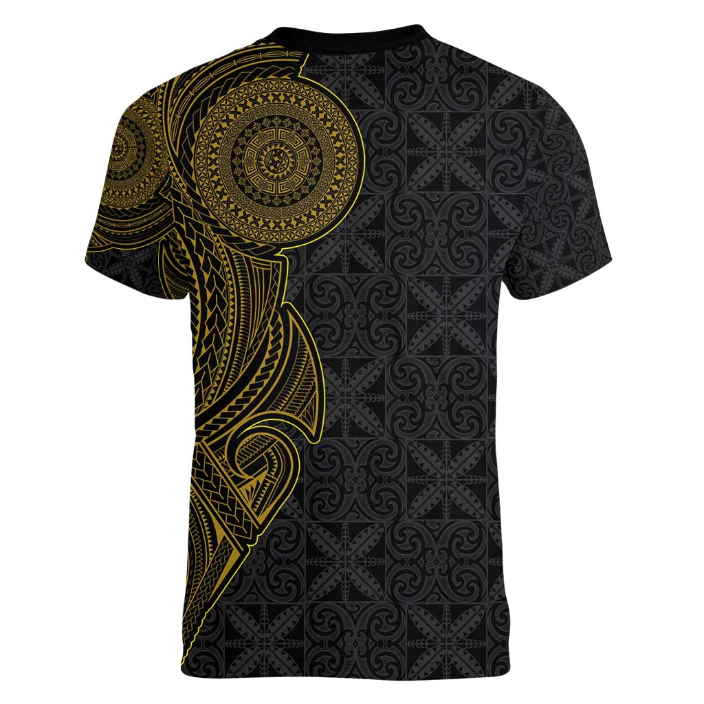 Niue Polynesian Hiapo Tattoo Art Women V-Neck T-Shirt Half Style Black Gold Color - Polynesian Pride