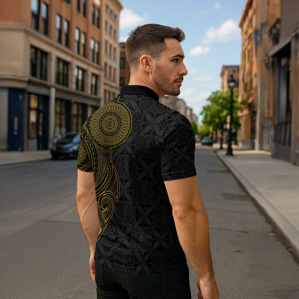 Niue Polynesian Hiapo Tattoo Art Zipper Polo Shirt Half Style Black Gold Color - Polynesian Pride