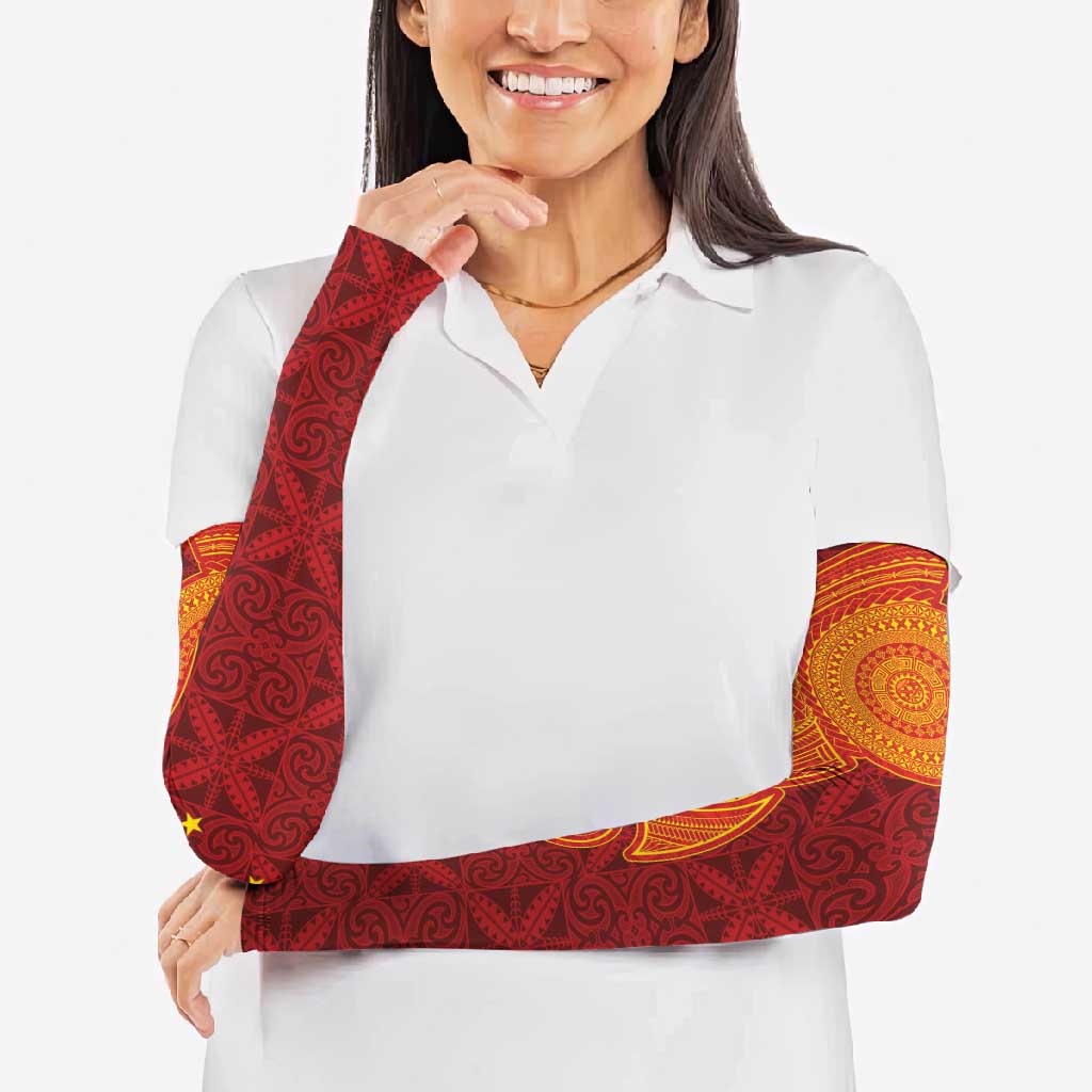 Niue Polynesian Hiapo Tattoo Art Arm Sleeves Half Style Red Yellow Color - Polynesian Pride