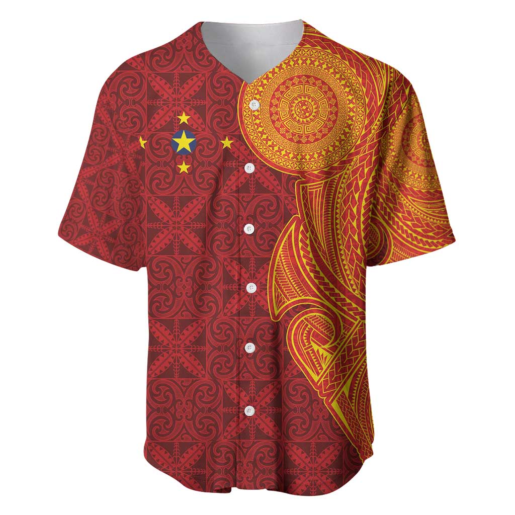 Niue Polynesian Hiapo Tattoo Art Baseball Jersey Half Style Red Yellow Color LT03 Red - Polynesian Pride