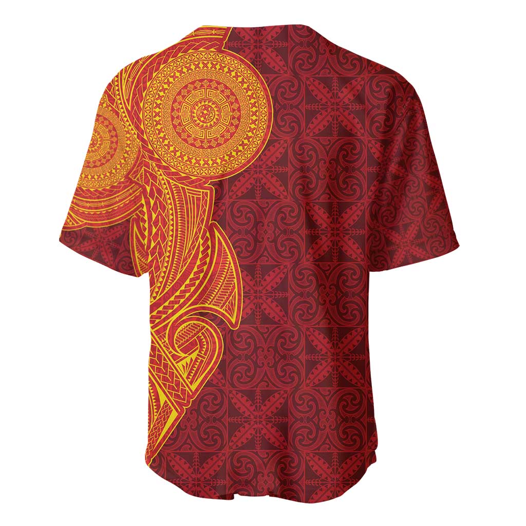 Niue Polynesian Hiapo Tattoo Art Baseball Jersey Half Style Red Yellow Color LT03 - Polynesian Pride