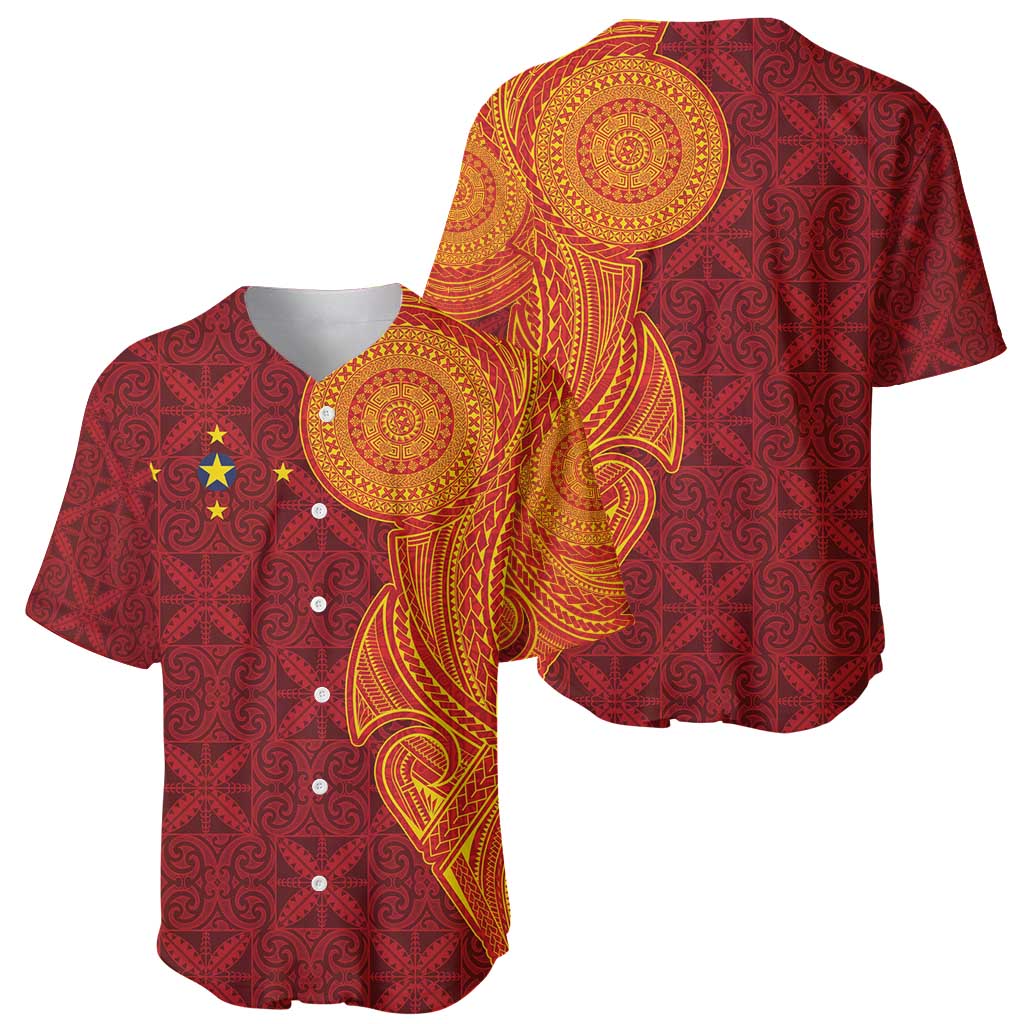Niue Polynesian Hiapo Tattoo Art Baseball Jersey Half Style Red Yellow Color LT03 - Polynesian Pride