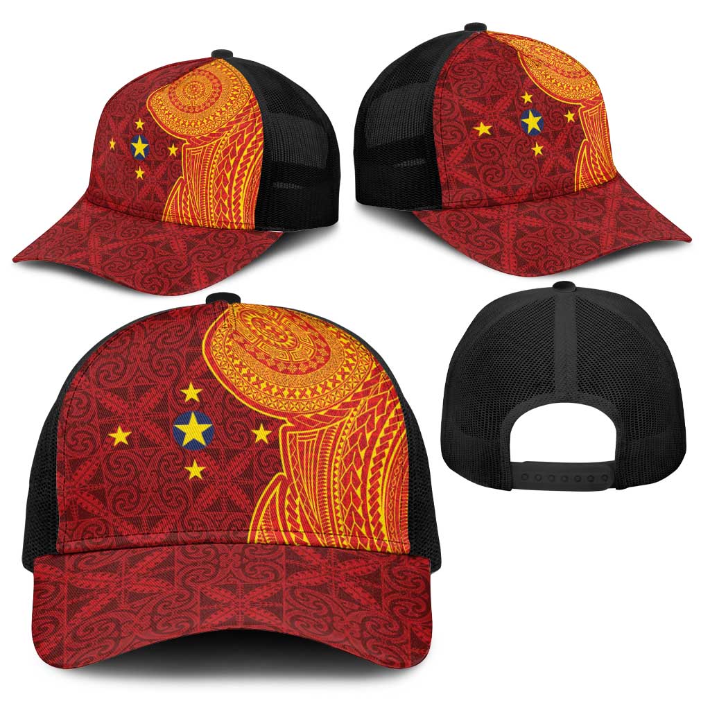 Niue Polynesian Hiapo Tattoo Art Baseball Net Cap Half Style Red Yellow Color - Polynesian Pride
