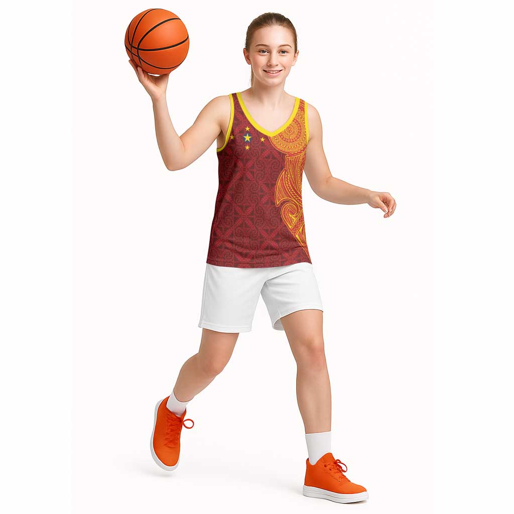 Niue Polynesian Hiapo Tattoo Art Basketball Jersey Half Style Red Yellow Color - Polynesian Pride