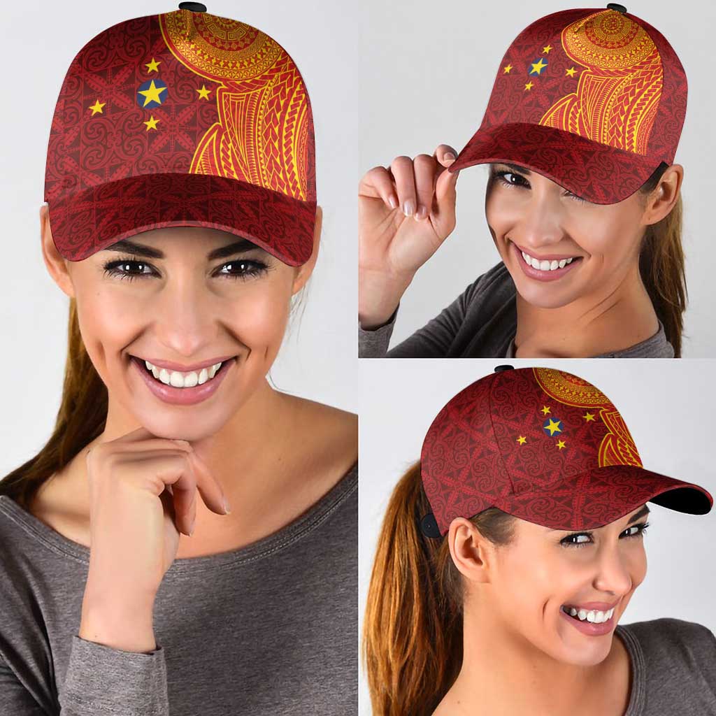 Niue Polynesian Hiapo Tattoo Art Classic Cap Half Style Red Yellow Color - Polynesian Pride