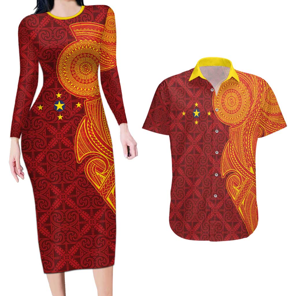 Niue Polynesian Hiapo Tattoo Art Couples Matching Long Sleeve Bodycon Dress and Hawaiian Shirt Half Style Red Yellow Color LT03 Red - Polynesian Pride