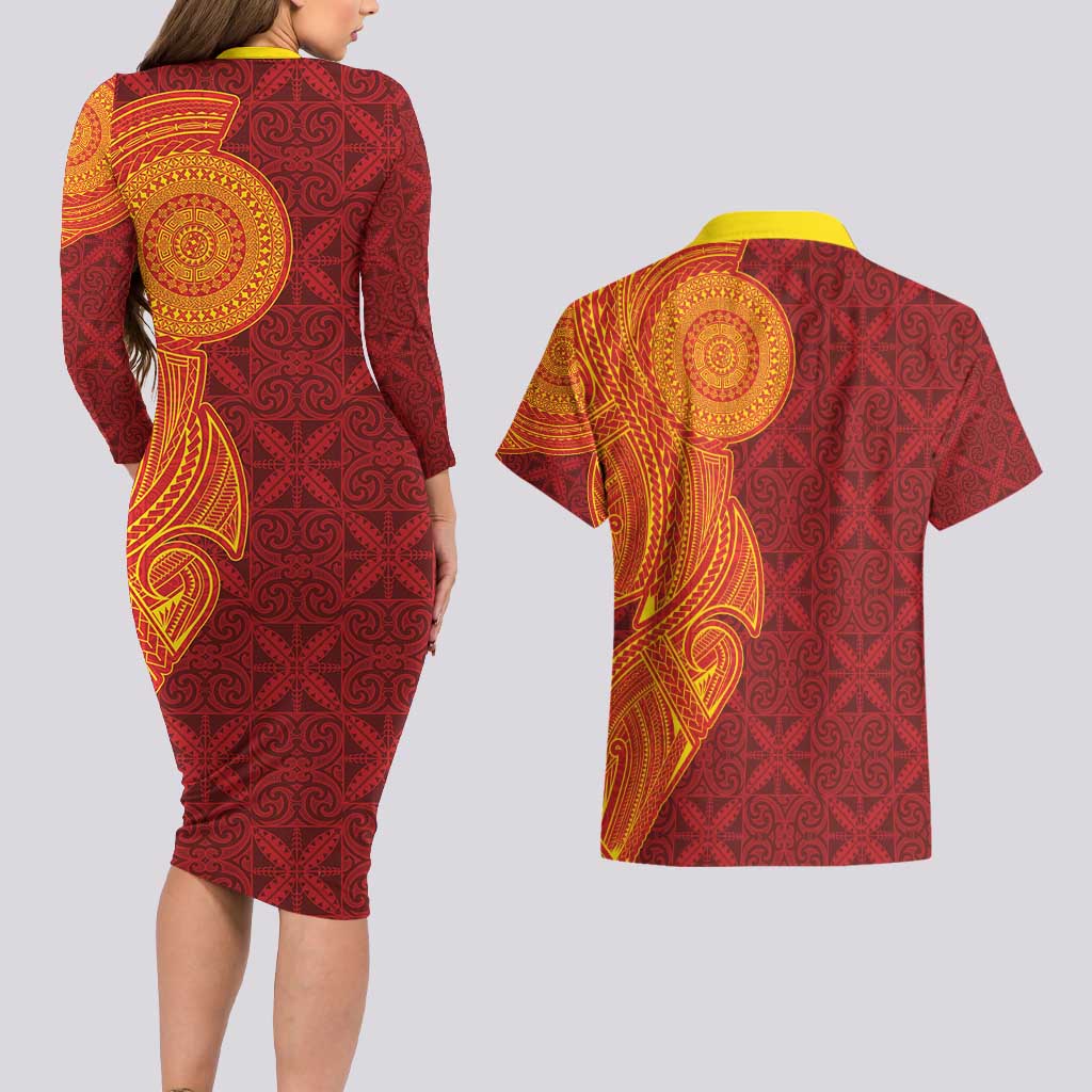 Niue Polynesian Hiapo Tattoo Art Couples Matching Long Sleeve Bodycon Dress and Hawaiian Shirt Half Style Red Yellow Color LT03 - Polynesian Pride