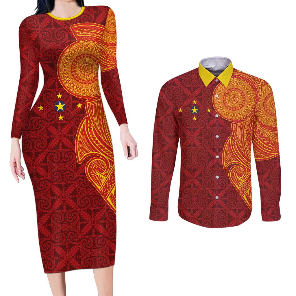 Niue Polynesian Hiapo Tattoo Art Couples Matching Long Sleeve Bodycon Dress and Long Sleeve Button Shirt Half Style Red Yellow Color LT03 Red - Polynesian Pride