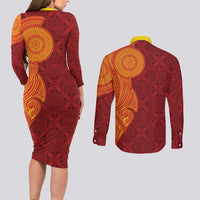 Niue Polynesian Hiapo Tattoo Art Couples Matching Long Sleeve Bodycon Dress and Long Sleeve Button Shirt Half Style Red Yellow Color LT03 - Polynesian Pride