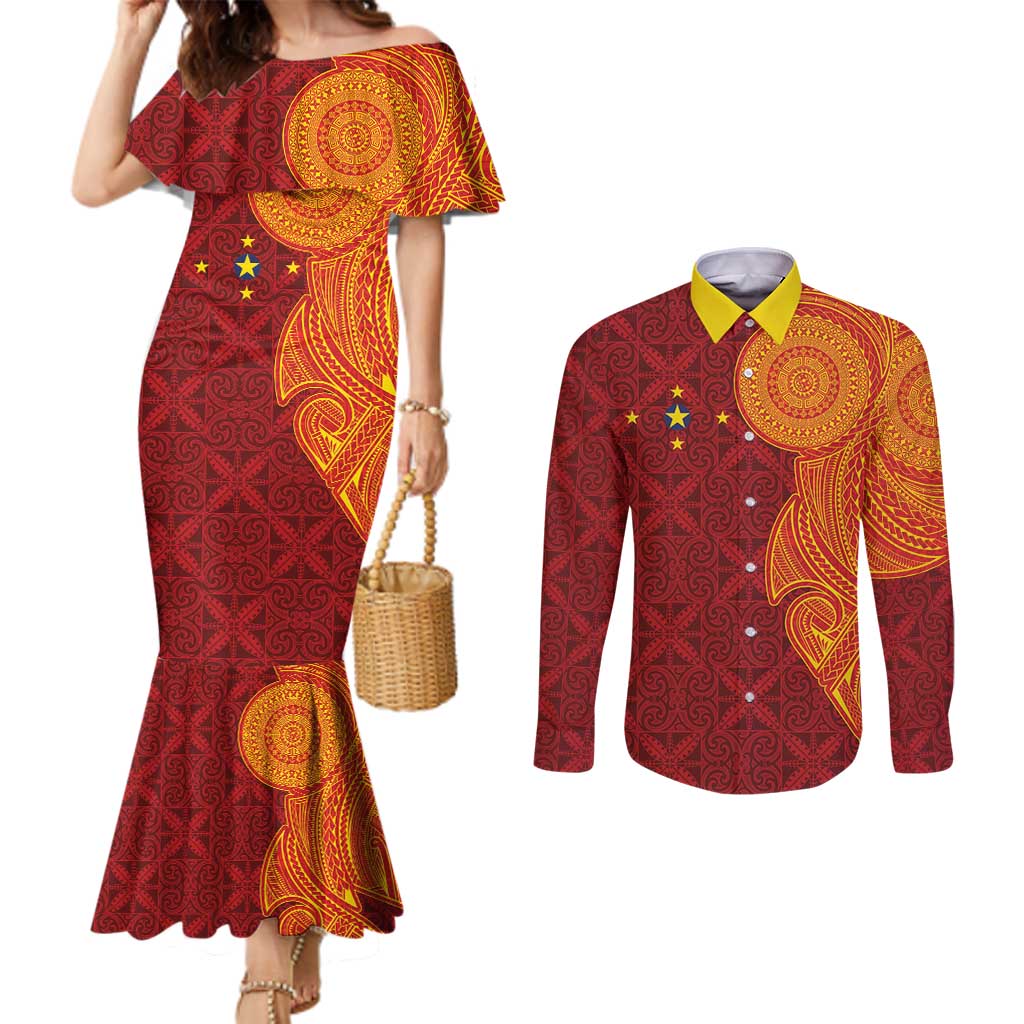 Niue Polynesian Hiapo Tattoo Art Couples Matching Mermaid Dress and Long Sleeve Button Shirt Half Style Red Yellow Color LT03 Red - Polynesian Pride