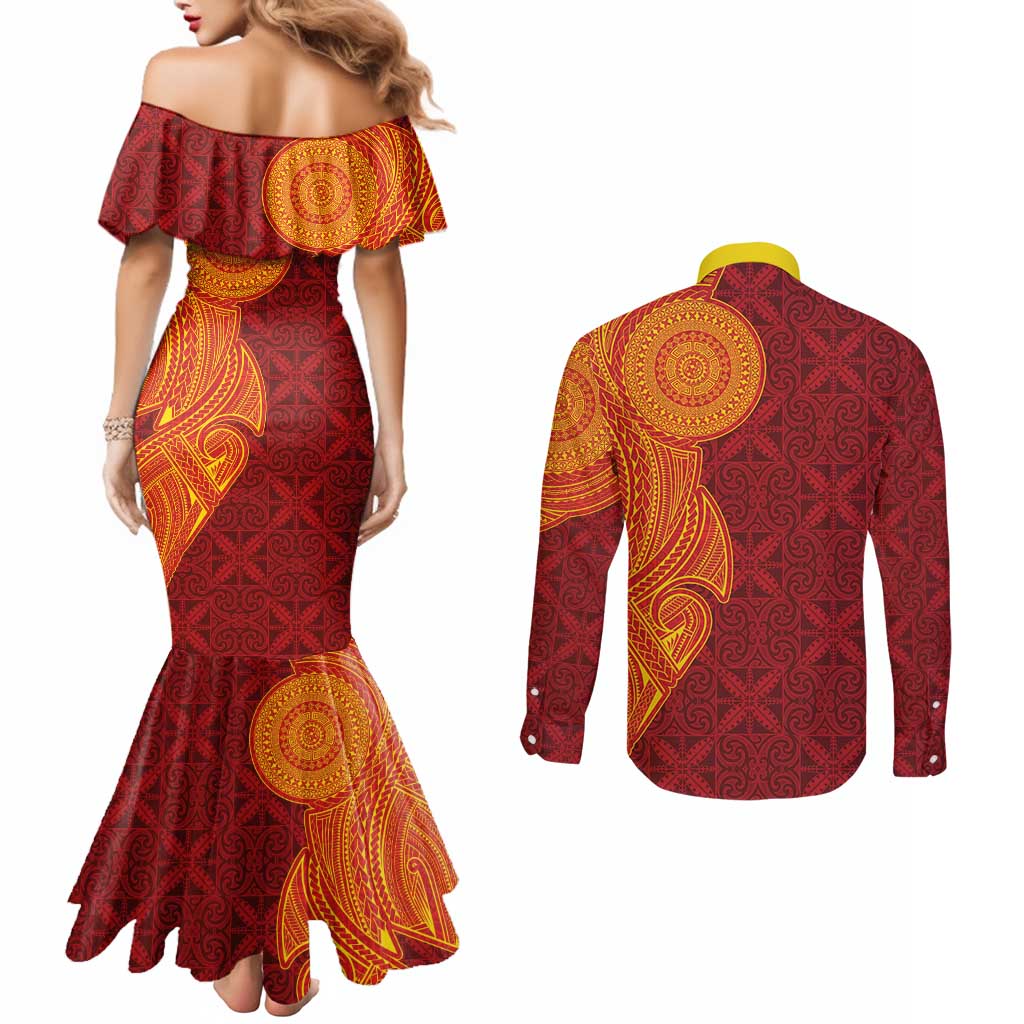 Niue Polynesian Hiapo Tattoo Art Couples Matching Mermaid Dress and Long Sleeve Button Shirt Half Style Red Yellow Color LT03 - Polynesian Pride