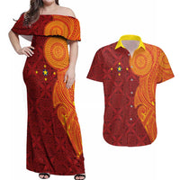 Niue Polynesian Hiapo Tattoo Art Couples Matching Off Shoulder Maxi Dress and Hawaiian Shirt Half Style Red Yellow Color LT03 Red - Polynesian Pride