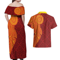 Niue Polynesian Hiapo Tattoo Art Couples Matching Off Shoulder Maxi Dress and Hawaiian Shirt Half Style Red Yellow Color LT03 - Polynesian Pride