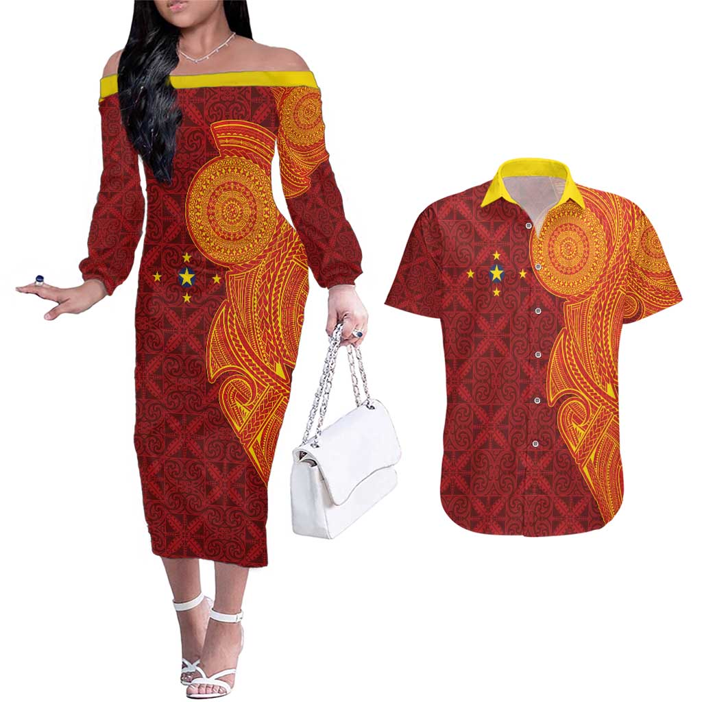 Niue Polynesian Hiapo Tattoo Art Couples Matching Off The Shoulder Long Sleeve Dress and Hawaiian Shirt Half Style Red Yellow Color LT03 Red - Polynesian Pride