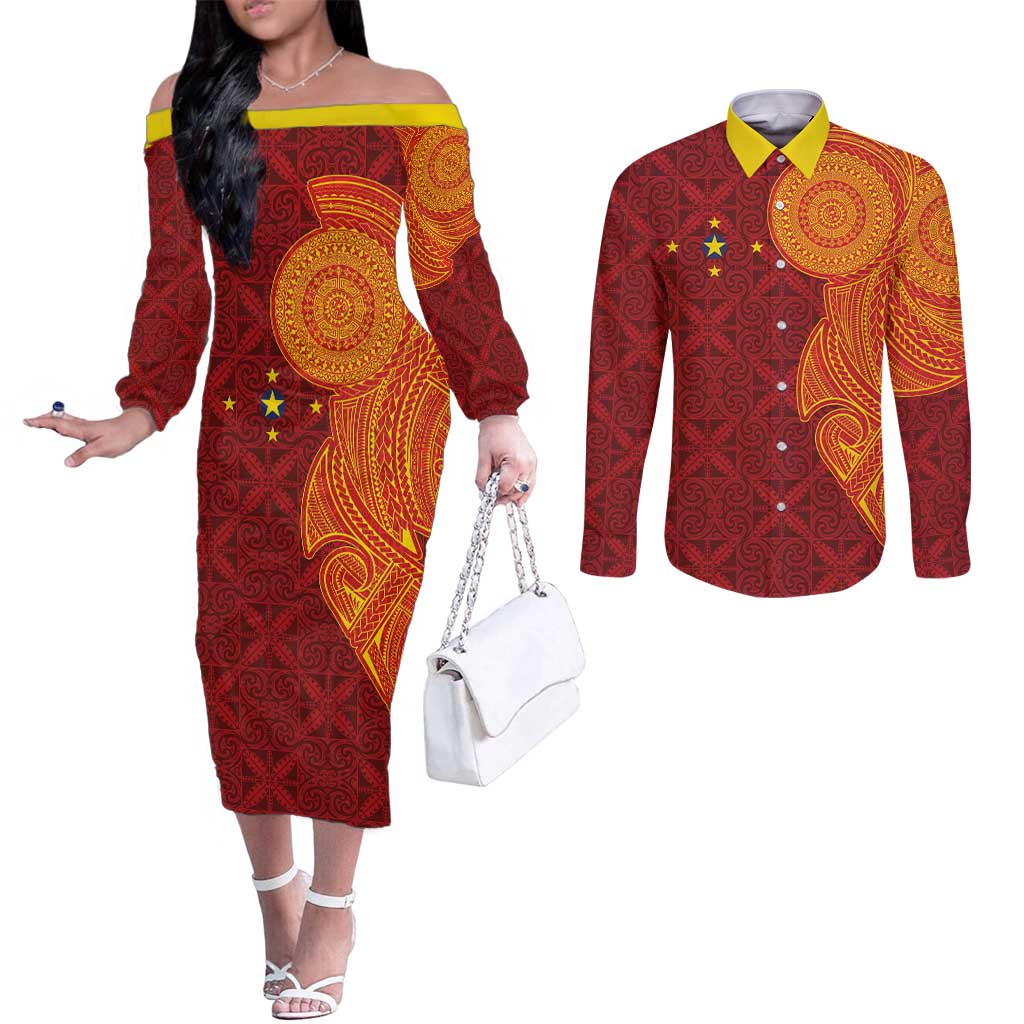 Niue Polynesian Hiapo Tattoo Art Couples Matching Off The Shoulder Long Sleeve Dress and Long Sleeve Button Shirt Half Style Red Yellow Color LT03 Red - Polynesian Pride