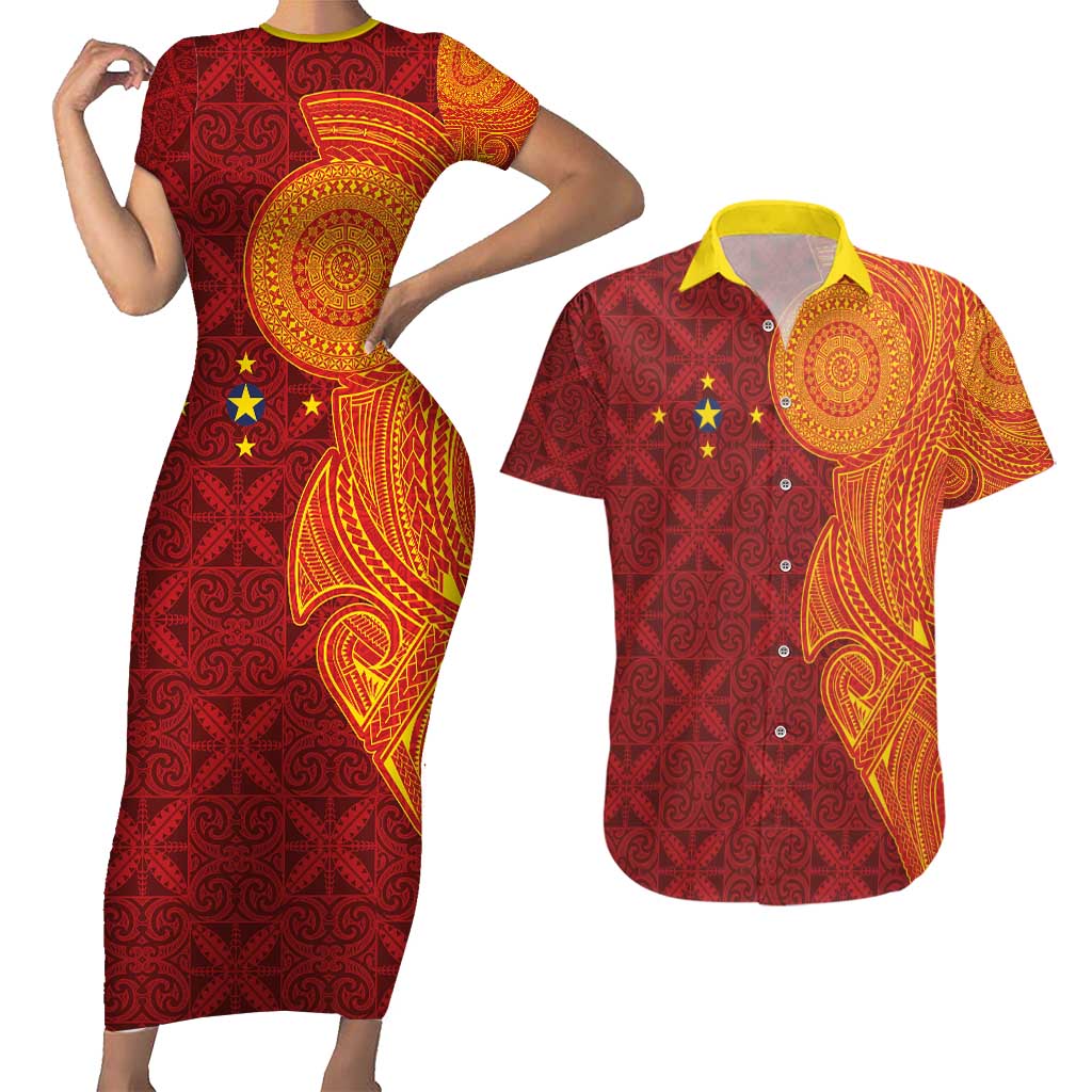 Niue Polynesian Hiapo Tattoo Art Couples Matching Short Sleeve Bodycon Dress and Hawaiian Shirt Half Style Red Yellow Color LT03 Red - Polynesian Pride