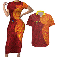 Niue Polynesian Hiapo Tattoo Art Couples Matching Short Sleeve Bodycon Dress and Hawaiian Shirt Half Style Red Yellow Color LT03 Red - Polynesian Pride