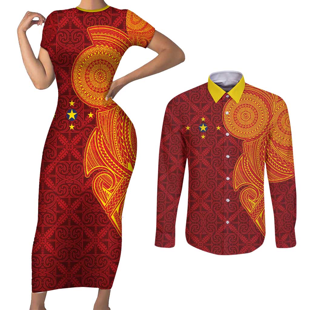 Niue Polynesian Hiapo Tattoo Art Couples Matching Short Sleeve Bodycon Dress and Long Sleeve Button Shirt Half Style Red Yellow Color LT03 Red - Polynesian Pride