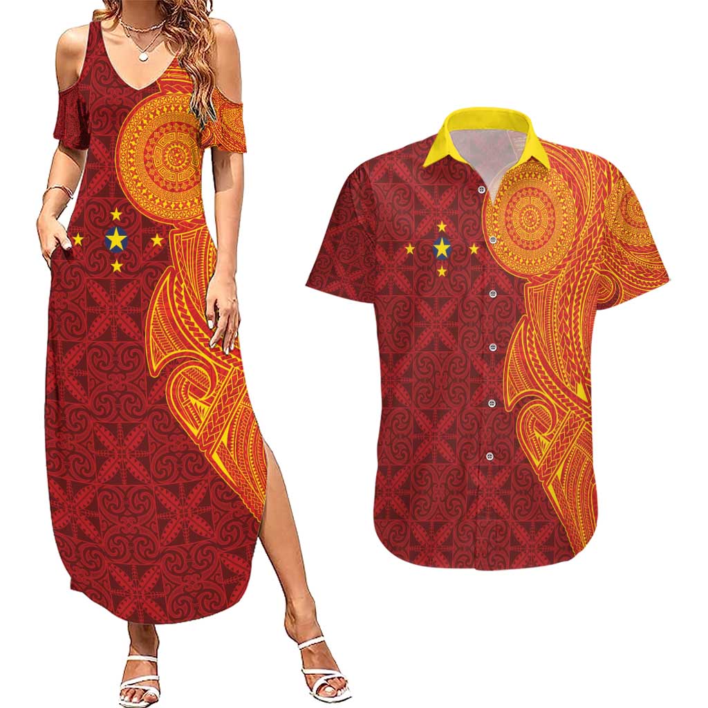 Niue Polynesian Hiapo Tattoo Art Couples Matching Summer Maxi Dress and Hawaiian Shirt Half Style Red Yellow Color LT03 Red - Polynesian Pride