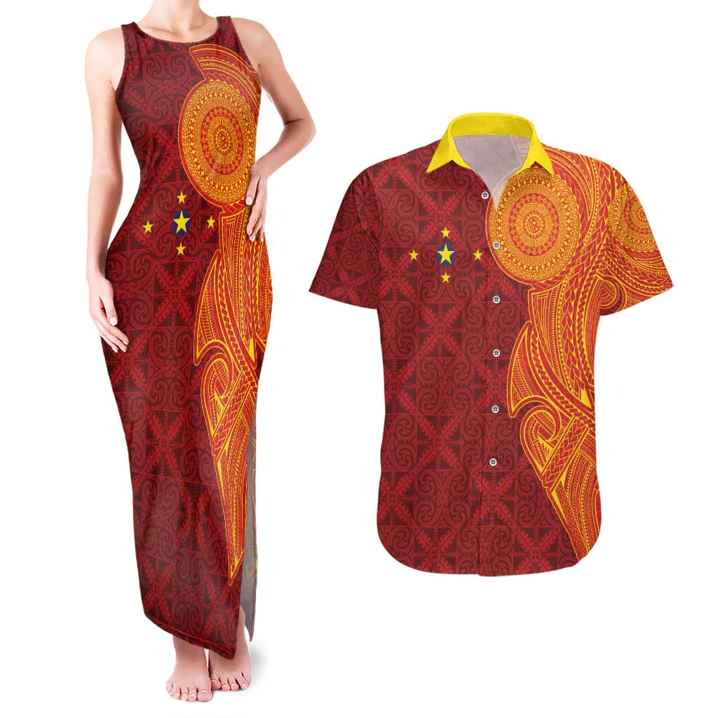 Niue Polynesian Hiapo Tattoo Art Couples Matching Tank Maxi Dress and Hawaiian Shirt Half Style Red Yellow Color LT03 Red - Polynesian Pride