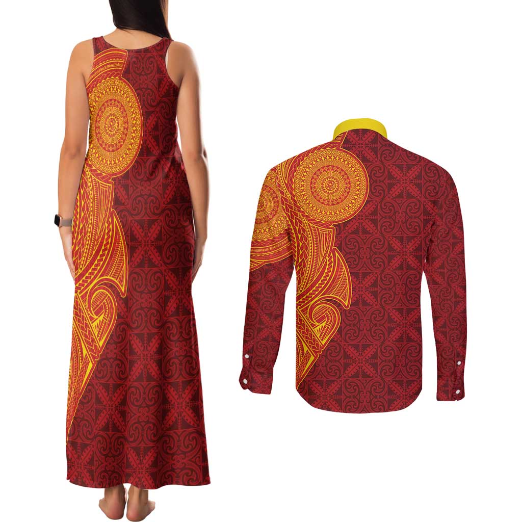 Niue Polynesian Hiapo Tattoo Art Couples Matching Tank Maxi Dress and Long Sleeve Button Shirt Half Style Red Yellow Color - Polynesian Pride