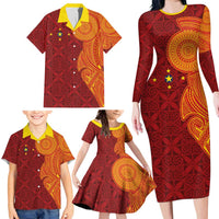 Niue Polynesian Hiapo Tattoo Art Family Matching Long Sleeve Bodycon Dress and Hawaiian Shirt Half Style Red Yellow Color LT03 - Polynesian Pride