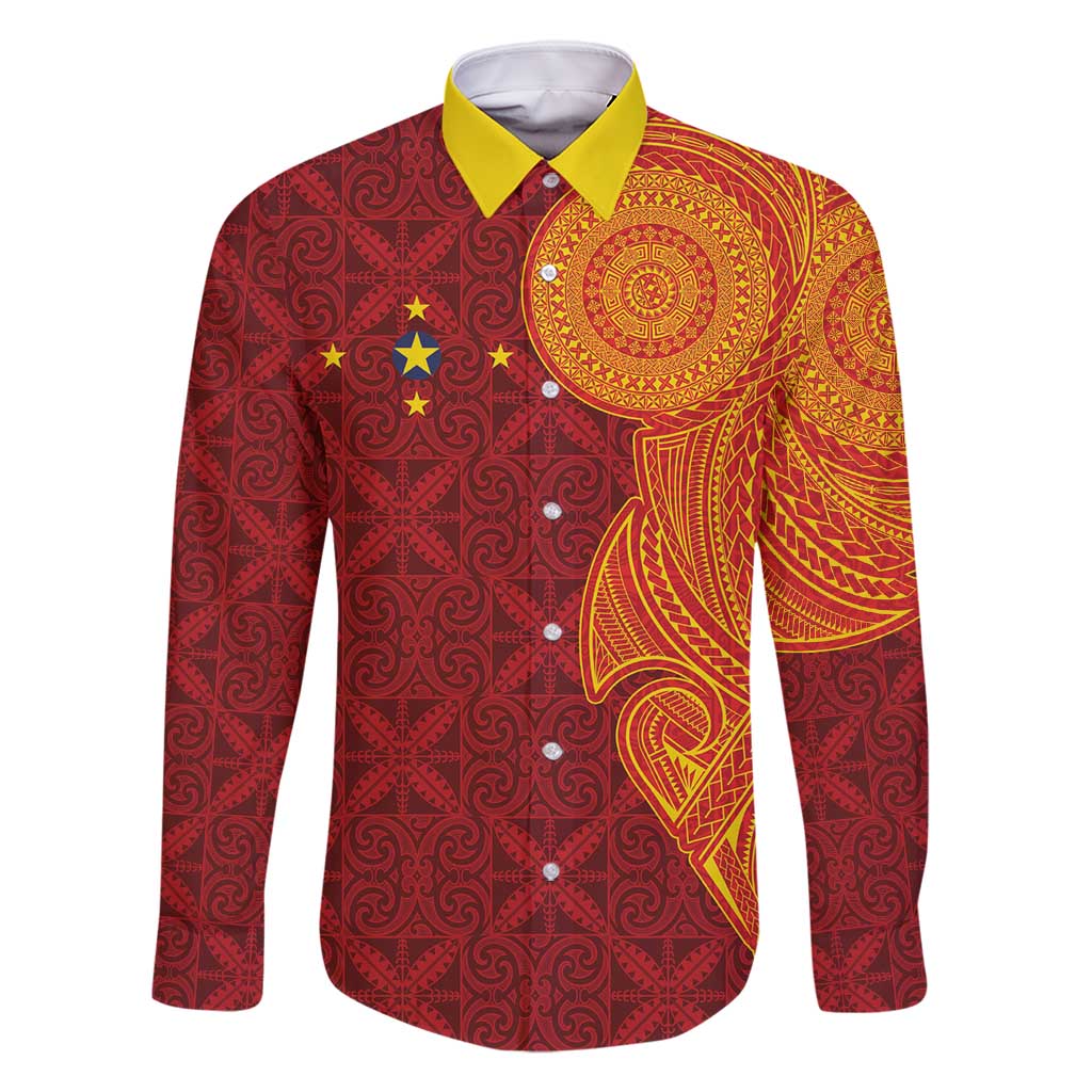 Niue Polynesian Hiapo Tattoo Art Family Matching Long Sleeve Bodycon Dress and Hawaiian Shirt Half Style Red Yellow Color LT03 Dad's Shirt - Long Sleeve Red - Polynesian Pride