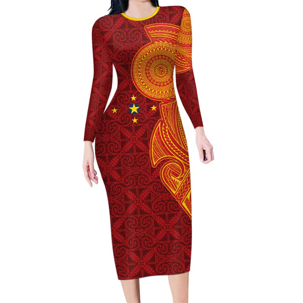 Niue Polynesian Hiapo Tattoo Art Family Matching Long Sleeve Bodycon Dress and Hawaiian Shirt Half Style Red Yellow Color LT03 Mom's Dress Red - Polynesian Pride