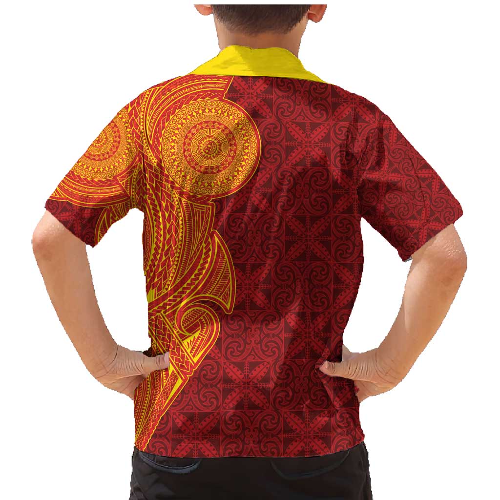 Niue Polynesian Hiapo Tattoo Art Family Matching Mermaid Dress and Hawaiian Shirt Half Style Red Yellow Color LT03 - Polynesian Pride
