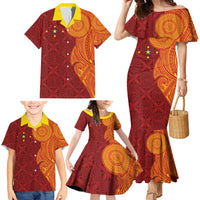 Niue Polynesian Hiapo Tattoo Art Family Matching Mermaid Dress and Hawaiian Shirt Half Style Red Yellow Color LT03 - Polynesian Pride
