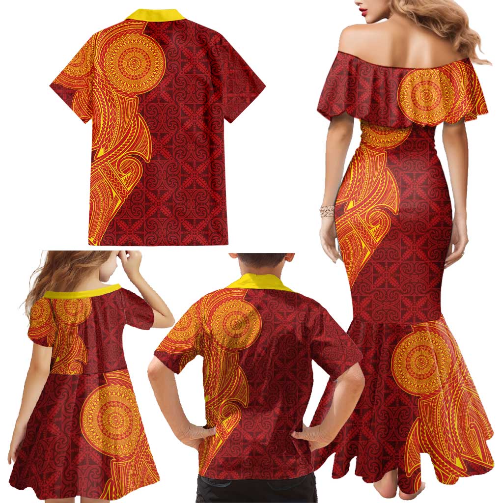 Niue Polynesian Hiapo Tattoo Art Family Matching Mermaid Dress and Hawaiian Shirt Half Style Red Yellow Color LT03 - Polynesian Pride