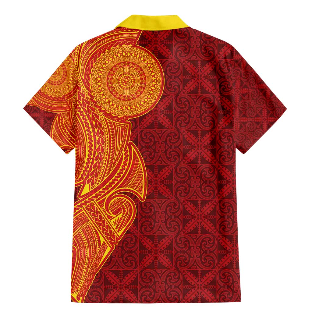 Niue Polynesian Hiapo Tattoo Art Family Matching Mermaid Dress and Hawaiian Shirt Half Style Red Yellow Color LT03 - Polynesian Pride