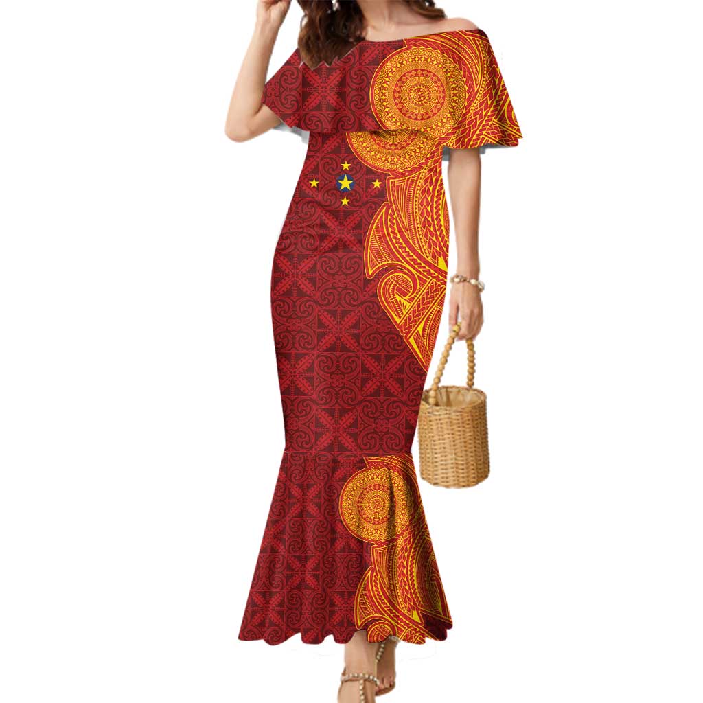 Niue Polynesian Hiapo Tattoo Art Family Matching Mermaid Dress and Hawaiian Shirt Half Style Red Yellow Color LT03 Mom's Dress Red - Polynesian Pride