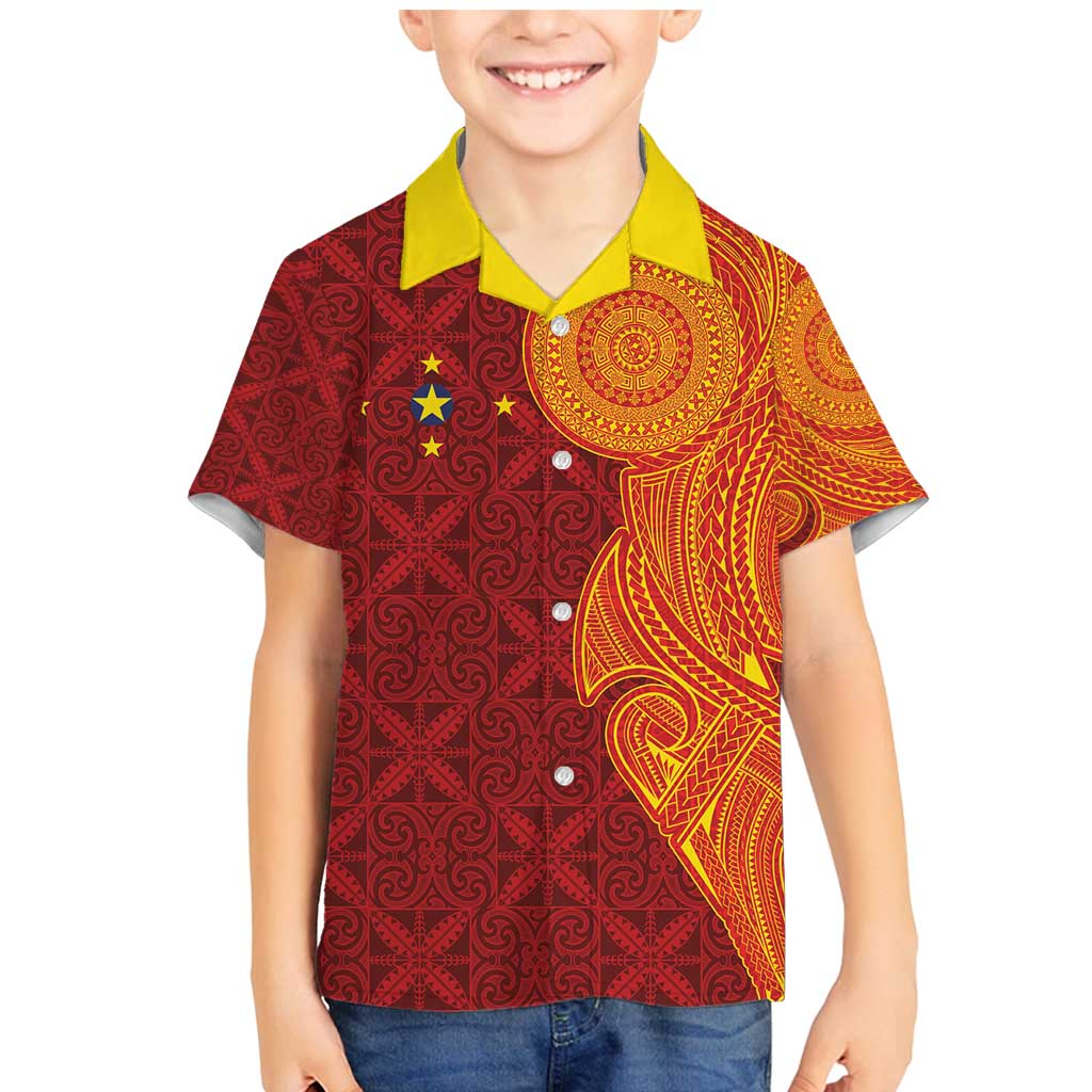Niue Polynesian Hiapo Tattoo Art Family Matching Mermaid Dress and Hawaiian Shirt Half Style Red Yellow Color LT03 Son's Shirt Red - Polynesian Pride