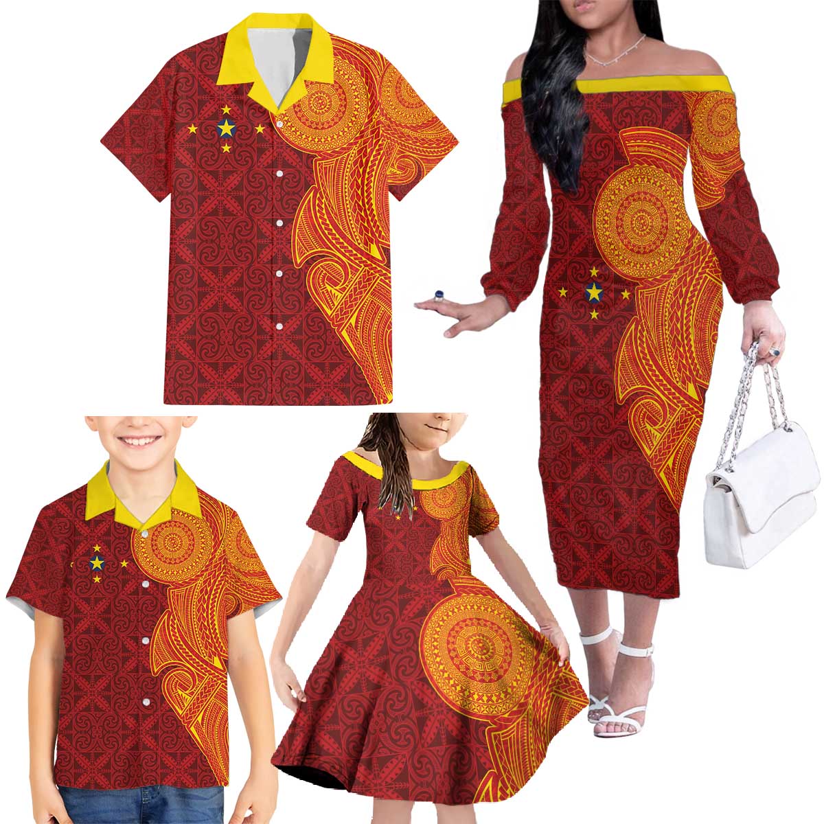 Niue Polynesian Hiapo Tattoo Art Family Matching Off The Shoulder Long Sleeve Dress and Hawaiian Shirt Half Style Red Yellow Color LT03 - Polynesian Pride