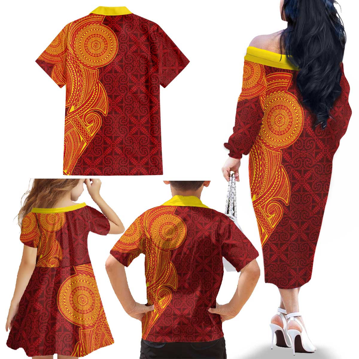 Niue Polynesian Hiapo Tattoo Art Family Matching Off The Shoulder Long Sleeve Dress and Hawaiian Shirt Half Style Red Yellow Color LT03 - Polynesian Pride