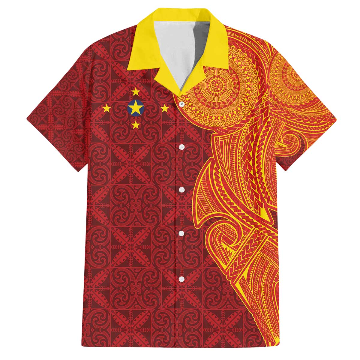 Niue Polynesian Hiapo Tattoo Art Family Matching Off The Shoulder Long Sleeve Dress and Hawaiian Shirt Half Style Red Yellow Color LT03 Dad's Shirt - Short Sleeve Red - Polynesian Pride