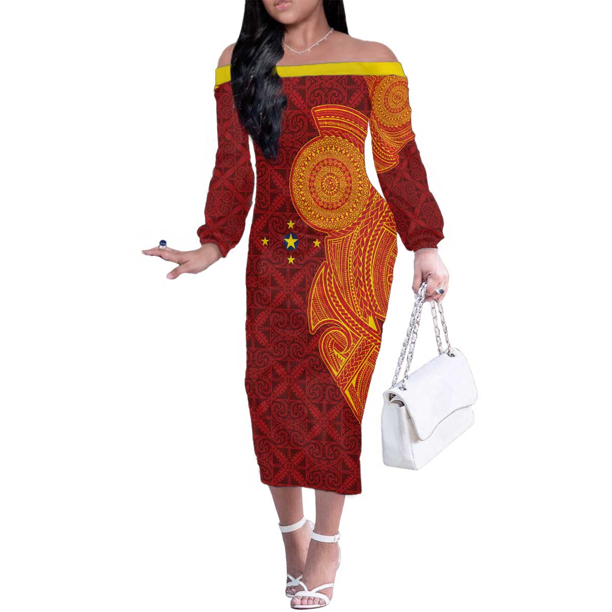 Niue Polynesian Hiapo Tattoo Art Family Matching Off The Shoulder Long Sleeve Dress and Hawaiian Shirt Half Style Red Yellow Color LT03 Mom's Dress Red - Polynesian Pride