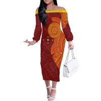 Niue Polynesian Hiapo Tattoo Art Family Matching Off The Shoulder Long Sleeve Dress and Hawaiian Shirt Half Style Red Yellow Color LT03 Mom's Dress Red - Polynesian Pride