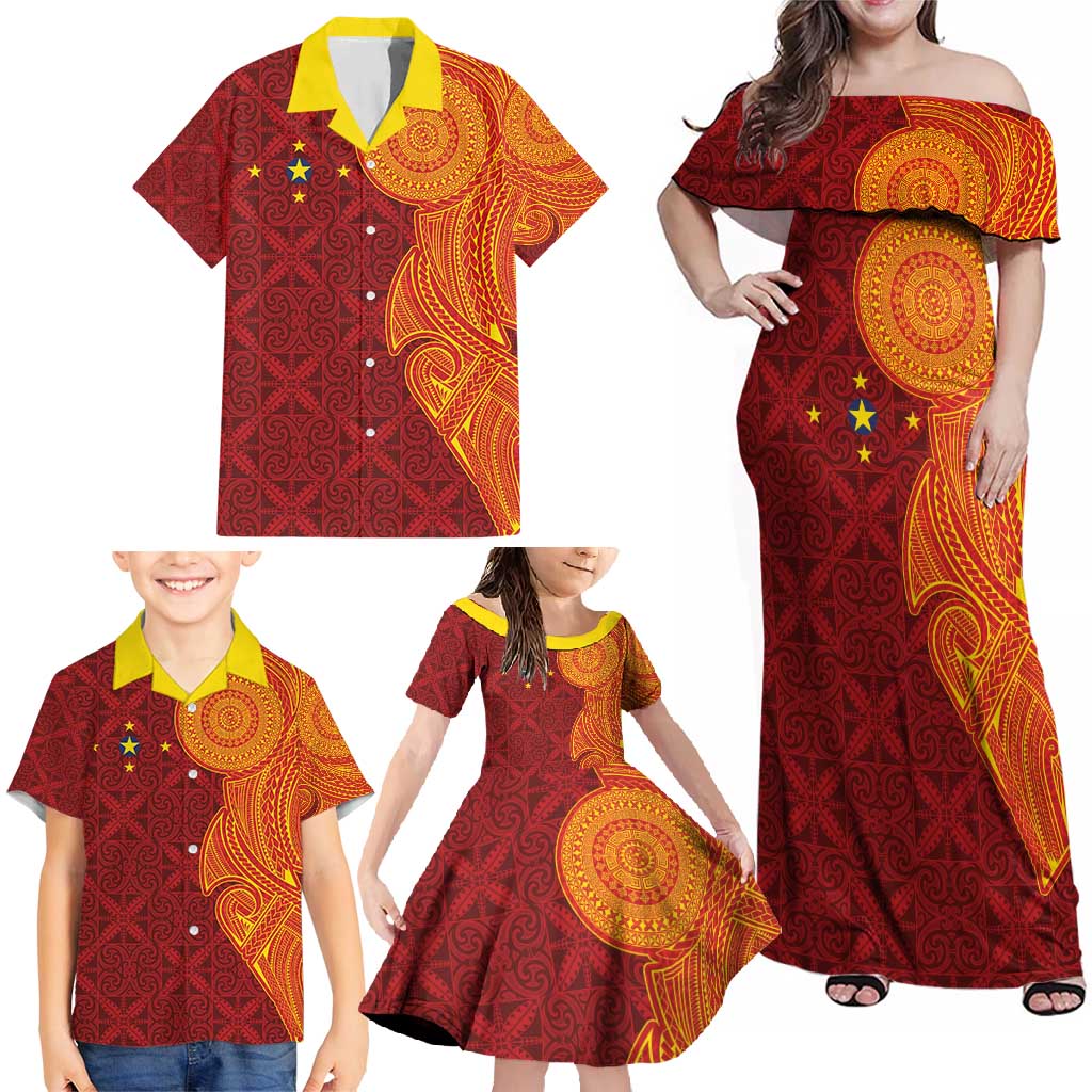 Niue Polynesian Hiapo Tattoo Art Family Matching Off Shoulder Maxi Dress and Hawaiian Shirt Half Style Red Yellow Color LT03 - Polynesian Pride