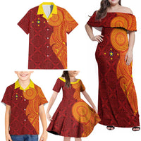 Niue Polynesian Hiapo Tattoo Art Family Matching Off Shoulder Maxi Dress and Hawaiian Shirt Half Style Red Yellow Color LT03 - Polynesian Pride