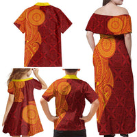 Niue Polynesian Hiapo Tattoo Art Family Matching Off Shoulder Maxi Dress and Hawaiian Shirt Half Style Red Yellow Color LT03 - Polynesian Pride