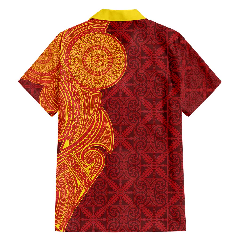 Niue Polynesian Hiapo Tattoo Art Family Matching Off Shoulder Maxi Dress and Hawaiian Shirt Half Style Red Yellow Color LT03 - Polynesian Pride