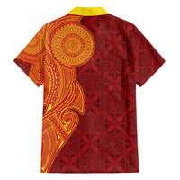 Niue Polynesian Hiapo Tattoo Art Family Matching Off Shoulder Maxi Dress and Hawaiian Shirt Half Style Red Yellow Color LT03 - Polynesian Pride