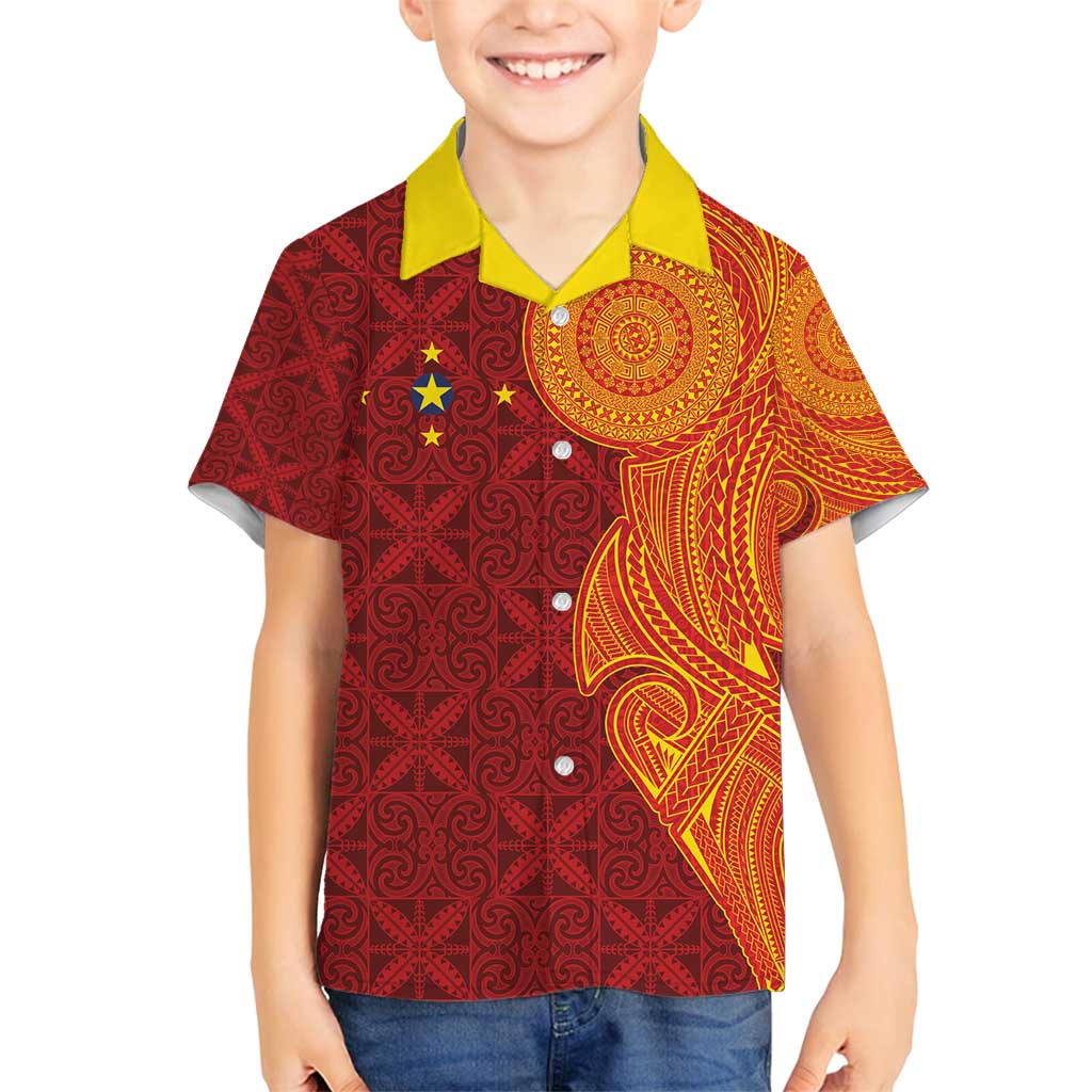 Niue Polynesian Hiapo Tattoo Art Family Matching Off Shoulder Maxi Dress and Hawaiian Shirt Half Style Red Yellow Color LT03 Son's Shirt Red - Polynesian Pride