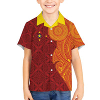 Niue Polynesian Hiapo Tattoo Art Family Matching Off Shoulder Maxi Dress and Hawaiian Shirt Half Style Red Yellow Color LT03 Son's Shirt Red - Polynesian Pride