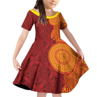 Niue Polynesian Hiapo Tattoo Art Family Matching Off Shoulder Short Dress and Hawaiian Shirt Half Style Red Yellow Color LT03 Daughter's Dress Red - Polynesian Pride