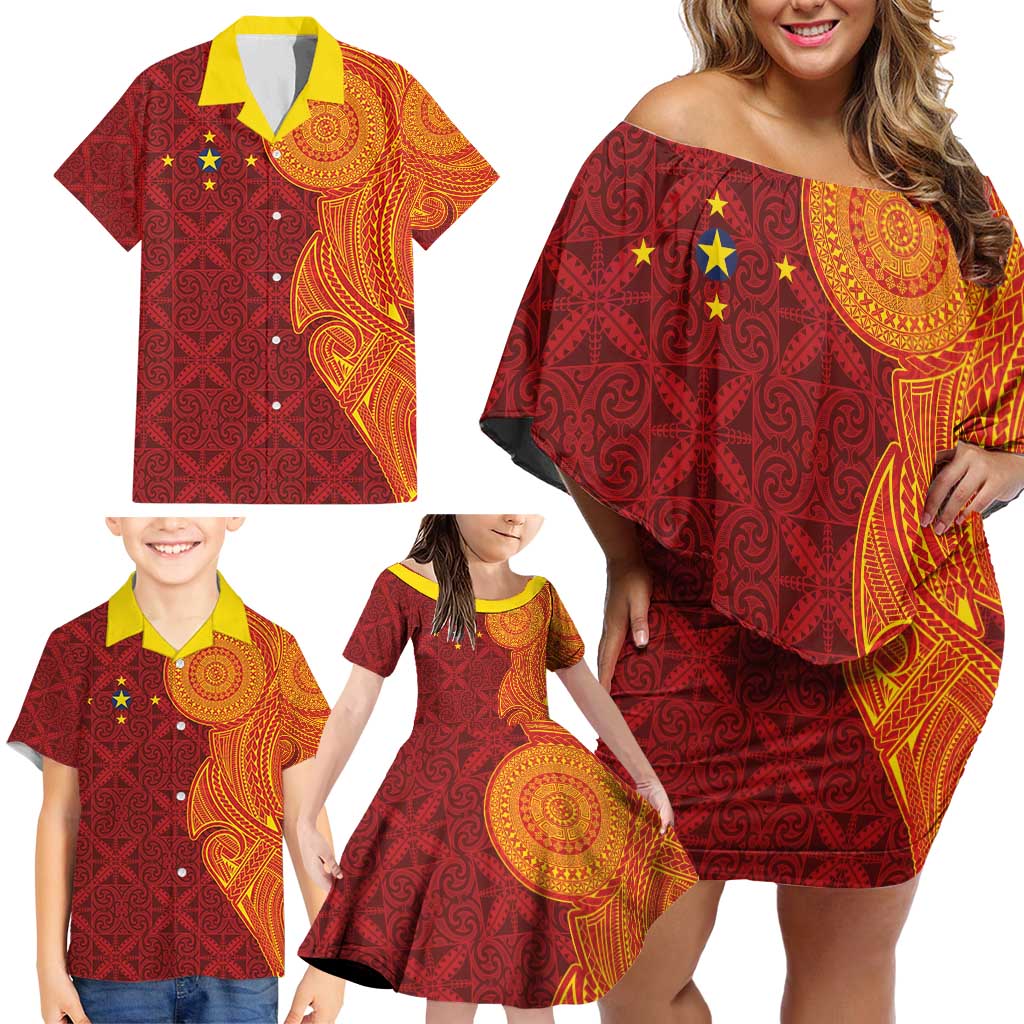 Niue Polynesian Hiapo Tattoo Art Family Matching Off Shoulder Short Dress and Hawaiian Shirt Half Style Red Yellow Color - Polynesian Pride