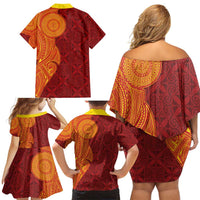 Niue Polynesian Hiapo Tattoo Art Family Matching Off Shoulder Short Dress and Hawaiian Shirt Half Style Red Yellow Color LT03 - Polynesian Pride