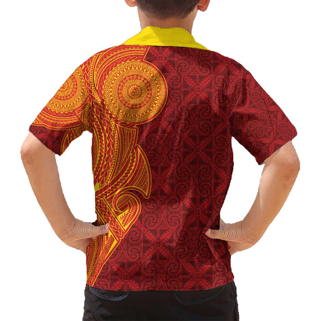 Niue Polynesian Hiapo Tattoo Art Family Matching Puletasi and Hawaiian Shirt Half Style Red Yellow Color LT03 - Polynesian Pride